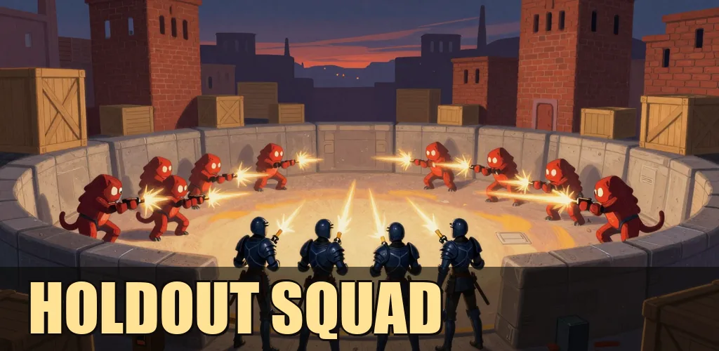 The key art: four soldiers back to back in a walled arena, firing at red creatures, with the game's name.