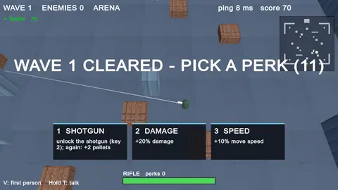 Between waves the screen offers three perk cards: Shotgun, Damage and Speed.
