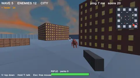 First person in the city map: a large red creature with a tail walks toward the player between brick buildings under a dusk sky.
